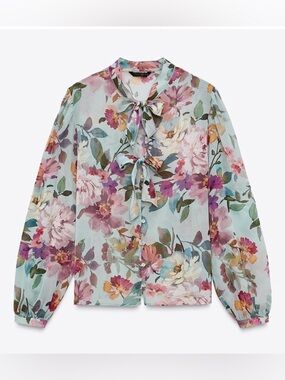 Zara sheer floral blouse Small long sleeve Copenhagen double tie button front